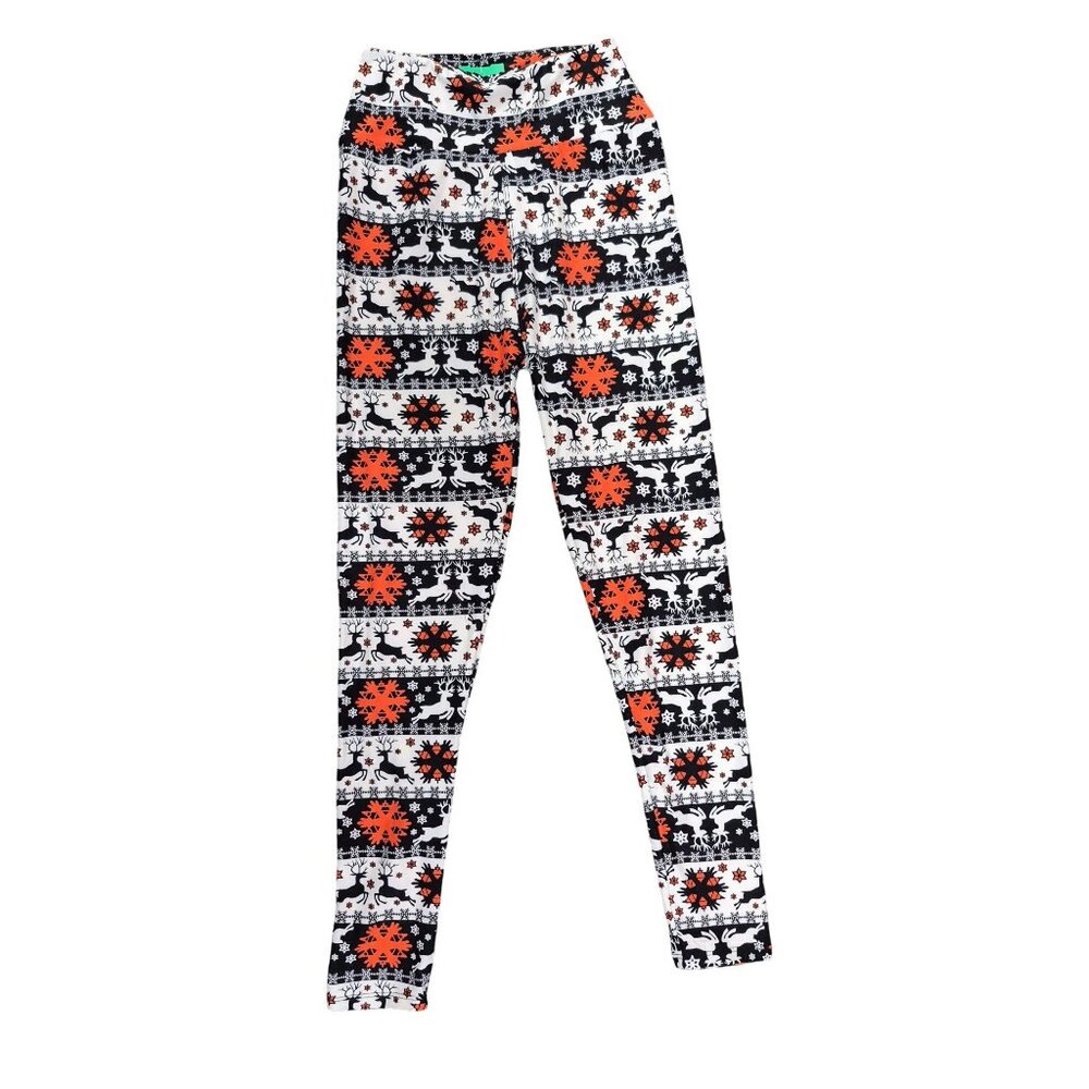 Christmas-Themed Reindeer & Snowflake Print Stretch Leggings Small Medium
